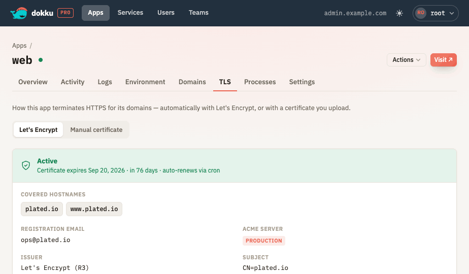 Managing TLS for an app in the UI