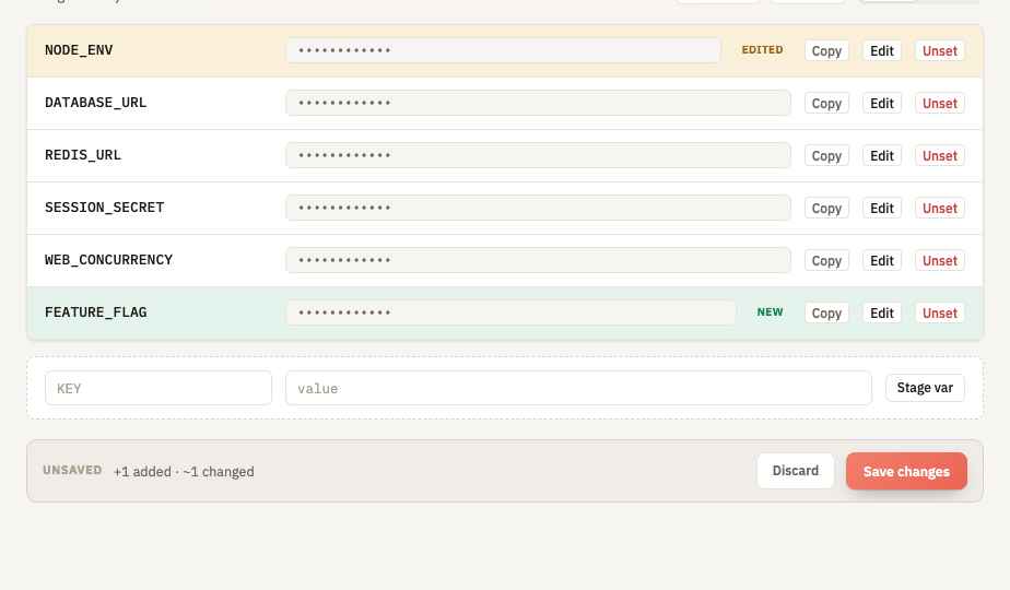 Staging several environment variable changes before committing them