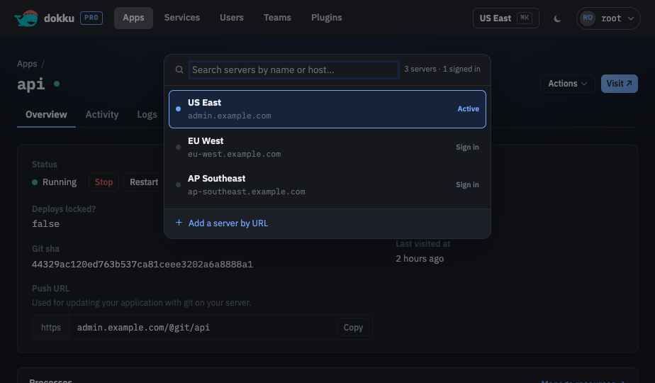 The server selector listing three Dokku Pro servers