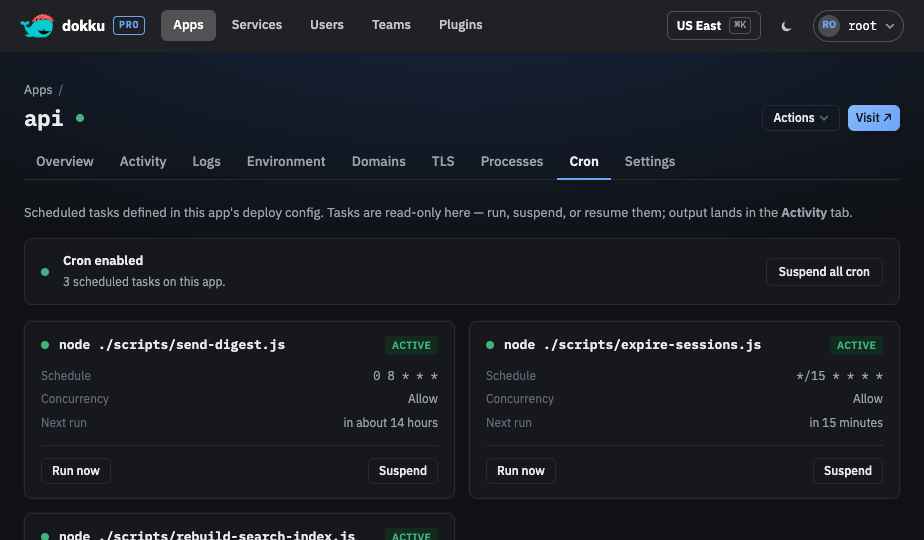 The Cron tab listing an app's scheduled tasks