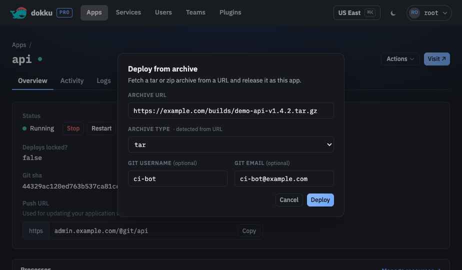 The deploy from archive dialog