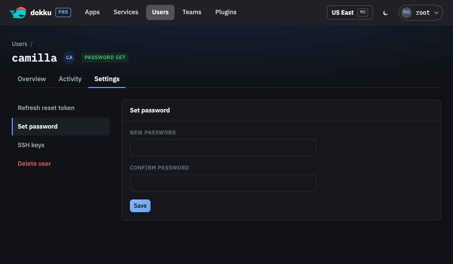 Setting a user's password from the user settings screen
