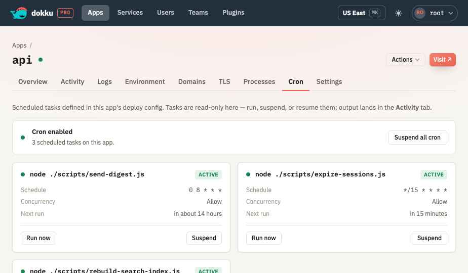 The Cron tab listing an app's scheduled tasks