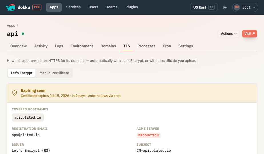 The TLS tab showing cert-manager automatic TLS under k3s