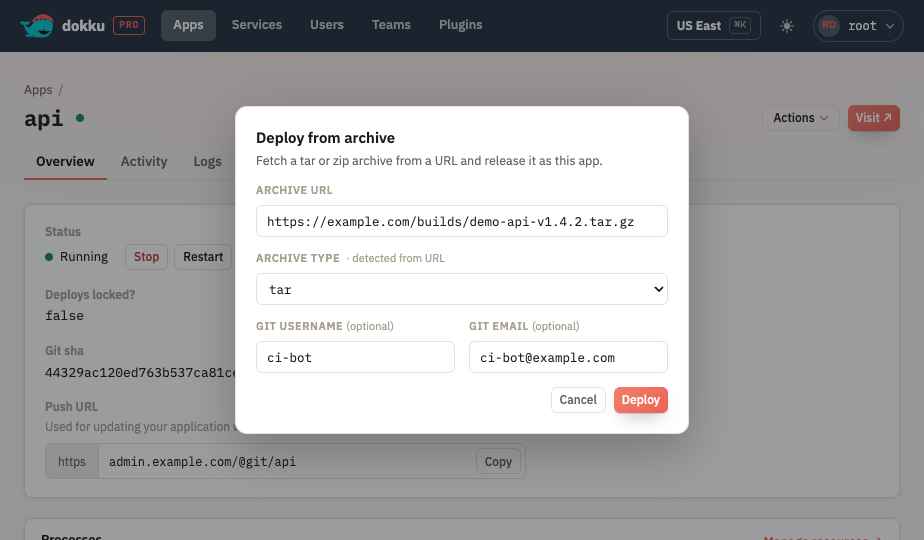 The deploy from archive dialog