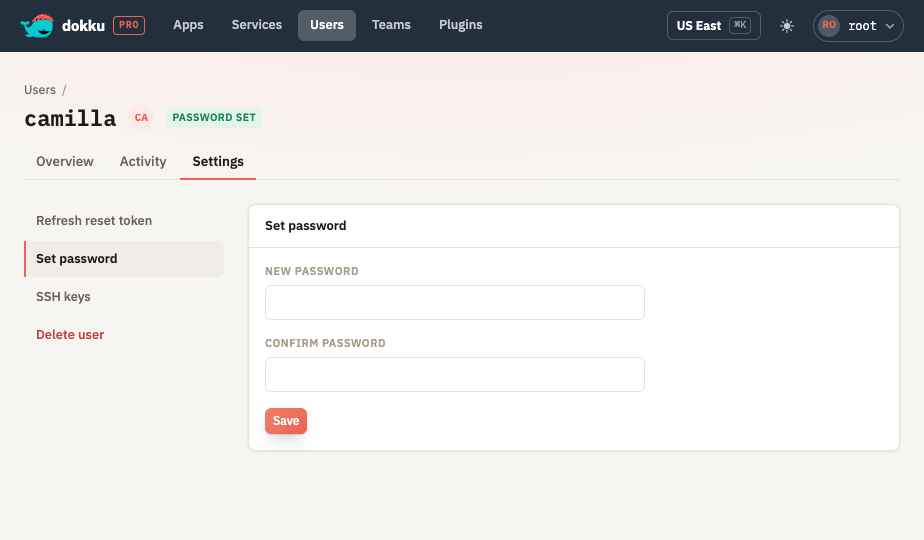 Setting a user's password from the user settings screen